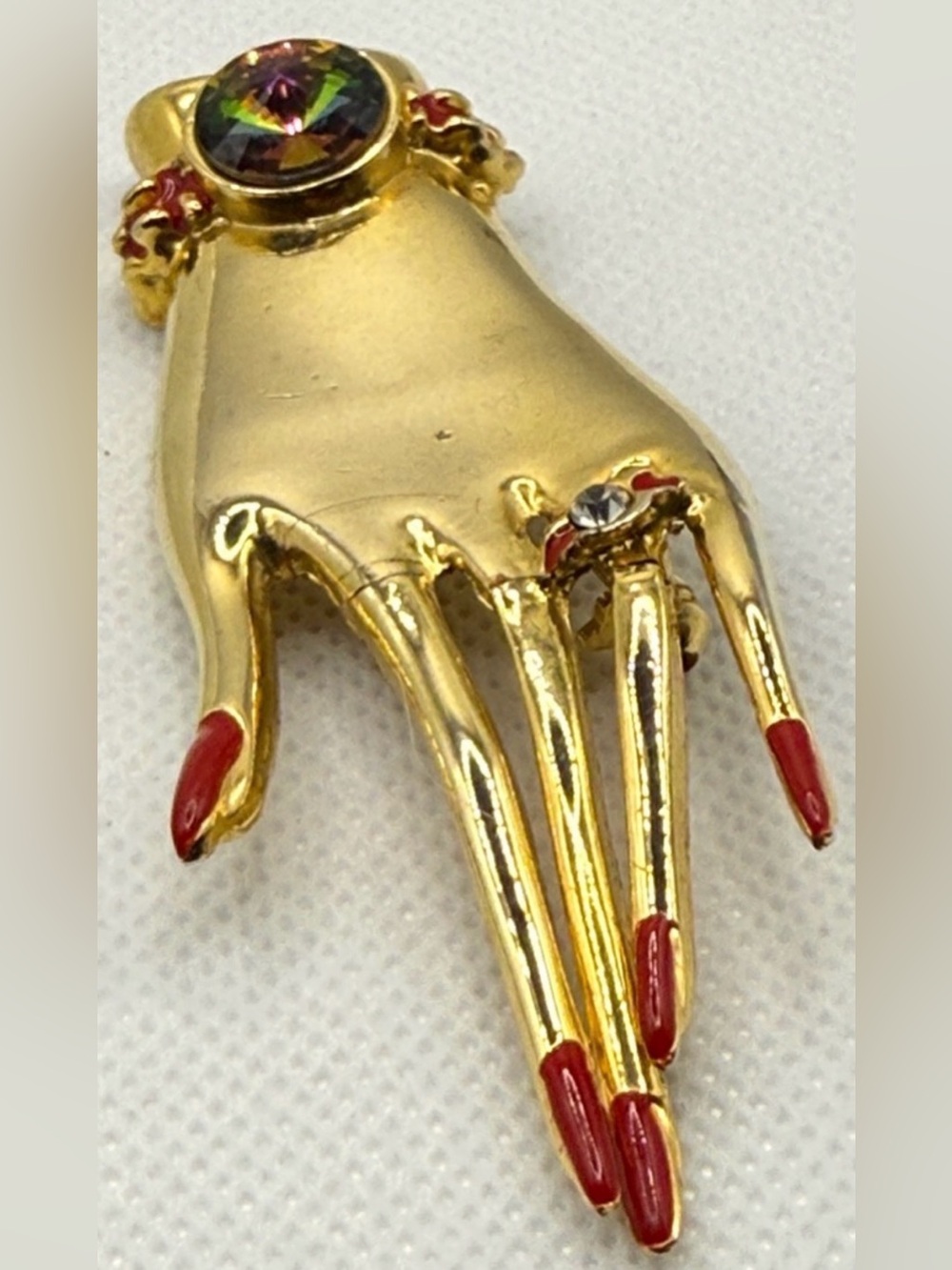 Rare Gold tone Hand lady Brooch pin Red Nail Tips ring & fabulous Rivoli